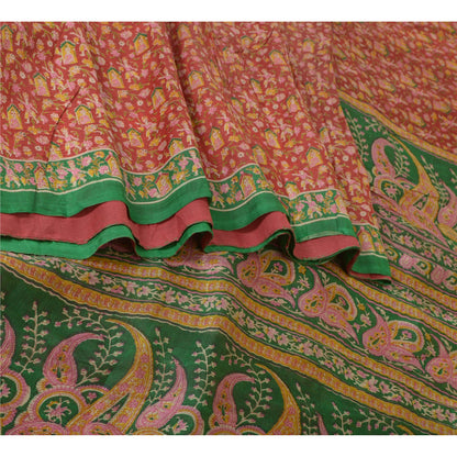 Sanskriti Vintage Sarees Indian Red/Green Printed Pure Silk Sari Craft Sustainable Fabric