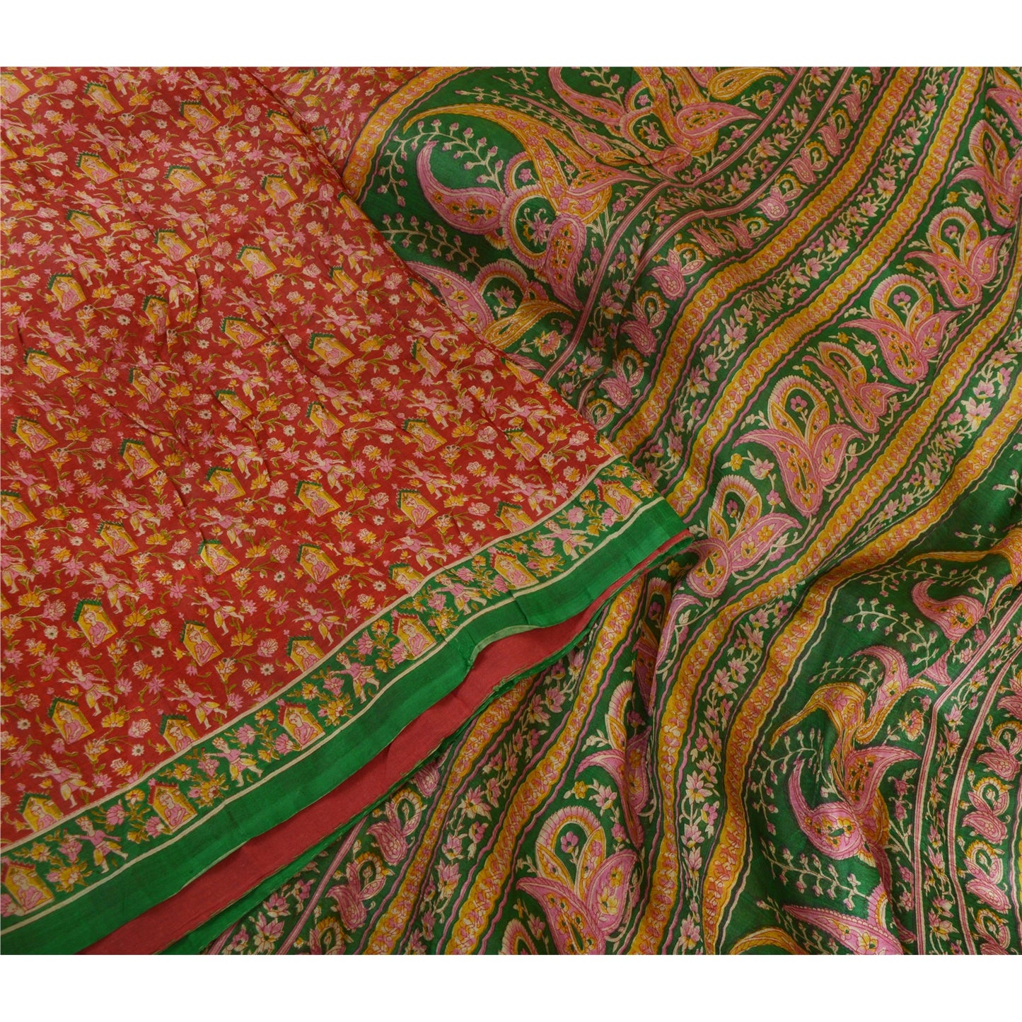 Sanskriti Vintage Sarees Indian Red/Green Printed Pure Silk Sari Craft Sustainable Fabric