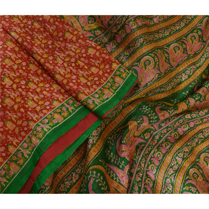 Sanskriti Vintage Sarees Indian Red/Green Printed Pure Silk Sari Craft Sustainable Fabric