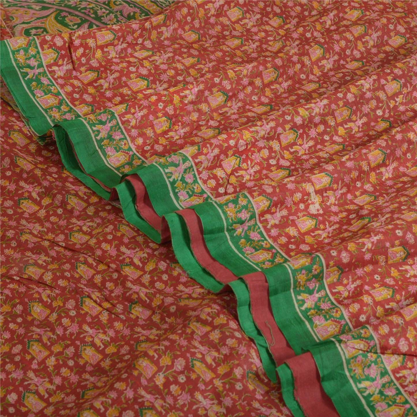 Sanskriti Vintage Sarees Indian Red/Green Printed Pure Silk Sari Craft Sustainable Fabric