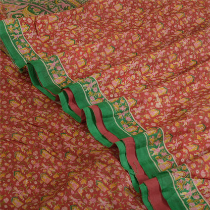 Sanskriti Vintage Sarees Indian Red/Green Printed Pure Silk Sari Craft Sustainable Fabric