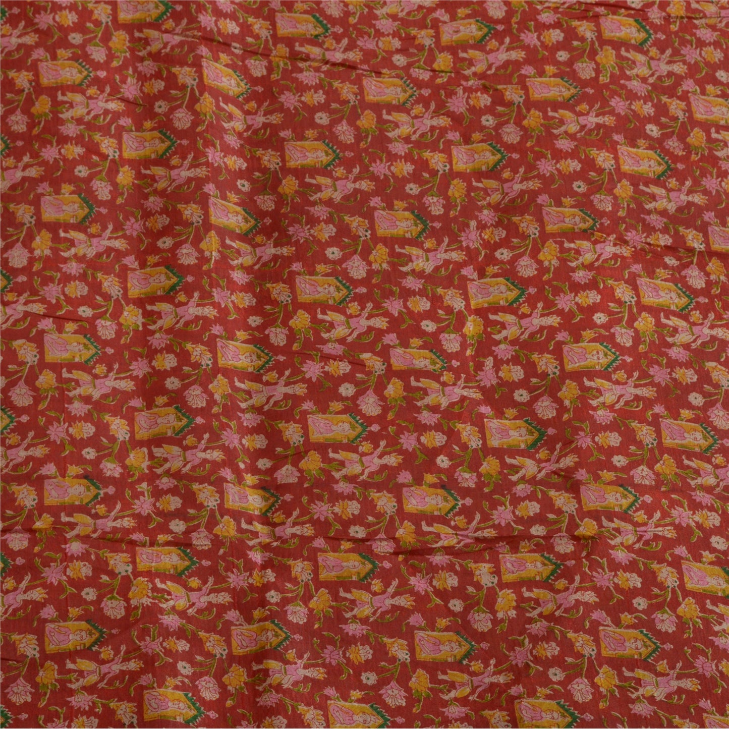 Sanskriti Vintage Sarees Indian Red/Green Printed Pure Silk Sari Craft Sustainable Fabric