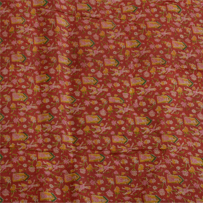 Sanskriti Vintage Sarees Indian Red/Green Printed Pure Silk Sari Craft Sustainable Fabric