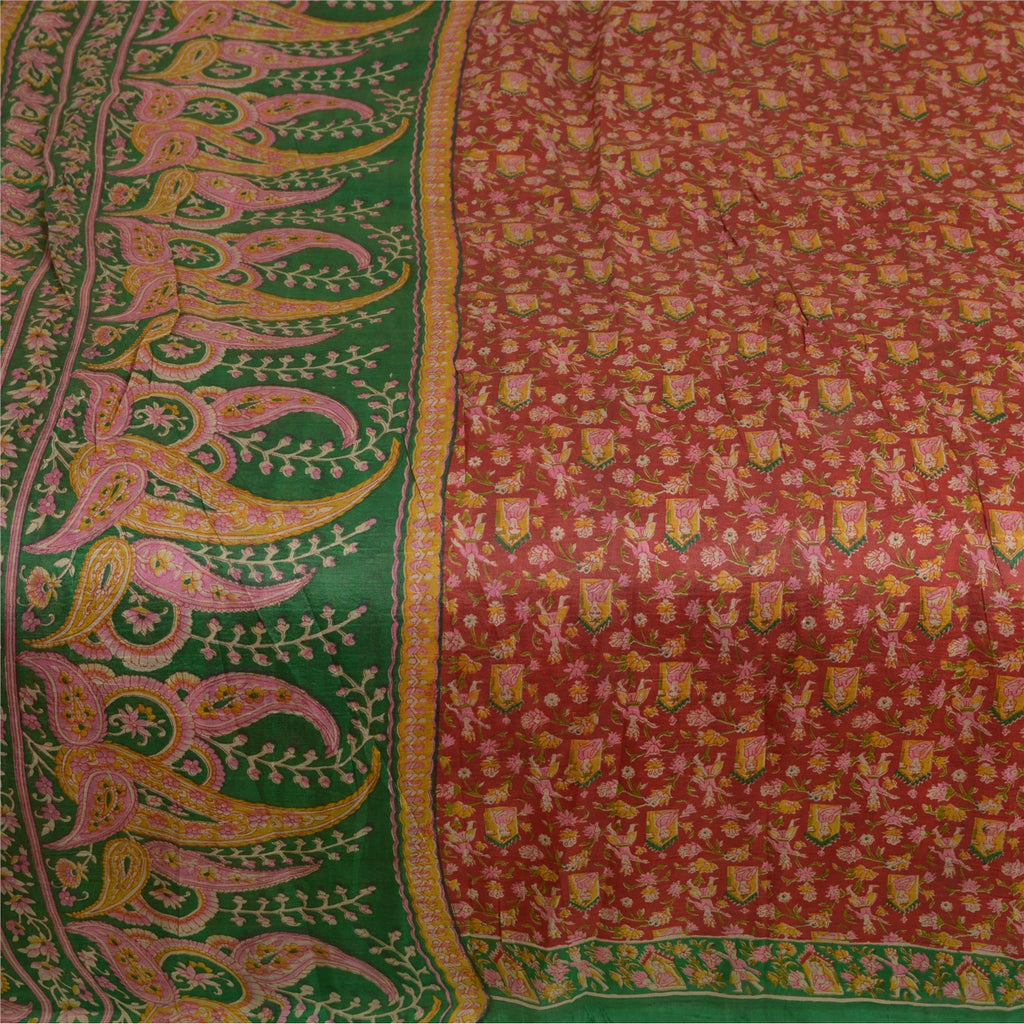 Sanskriti Vintage Sarees Indian Red/Green Printed Pure Silk Sari Craft Sustainable Fabric