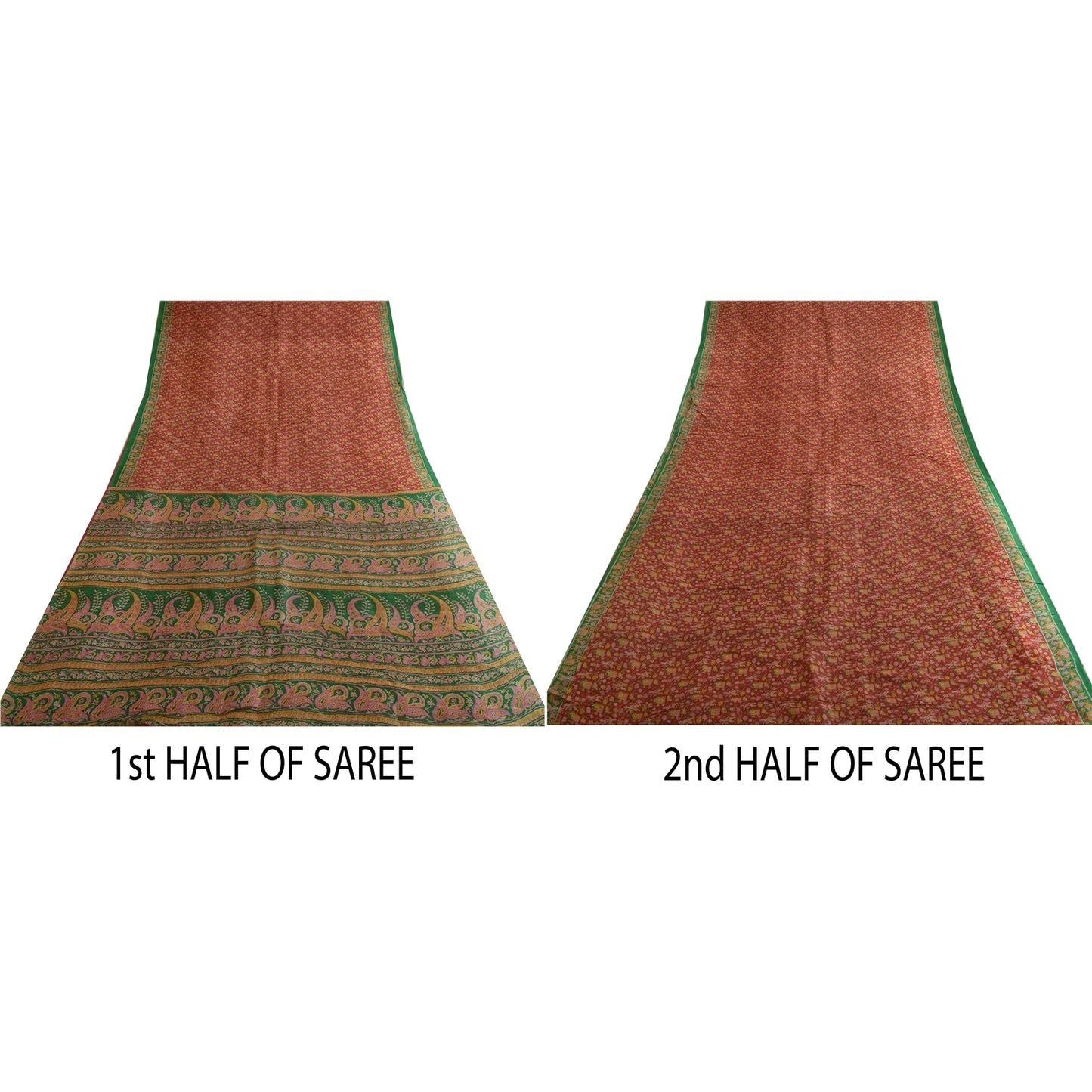 Sanskriti Vintage Sarees Indian Red/Green Printed Pure Silk Sari Craft Sustainable Fabric