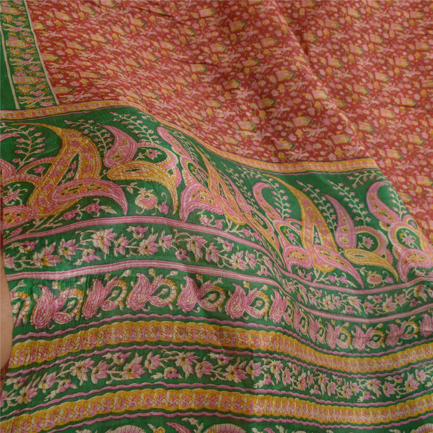 Sanskriti Vintage Sarees Indian Red/Green Printed Pure Silk Sari Craft Sustainable Fabric