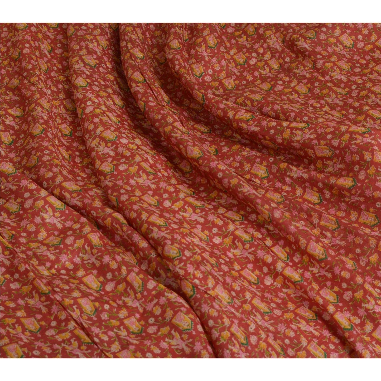 Sanskriti Vintage Sarees Indian Red/Green Printed Pure Silk Sari Craft Sustainable Fabric