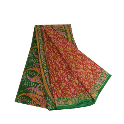 Sanskriti Vintage Sarees Indian Red/Green Printed Pure Silk Sari Craft Sustainable Fabric