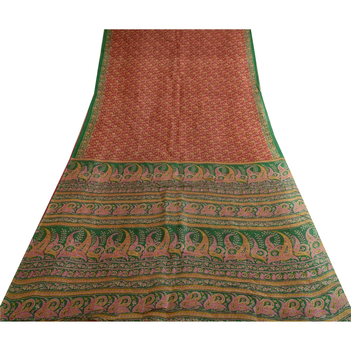 Sanskriti Vintage Sarees Indian Red/Green Printed Pure Silk Sari Craft Sustainable Fabric