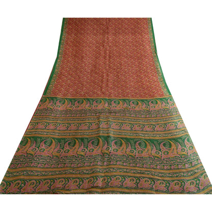 Sanskriti Vintage Sarees Indian Red/Green Printed Pure Silk Sari Craft Sustainable Fabric