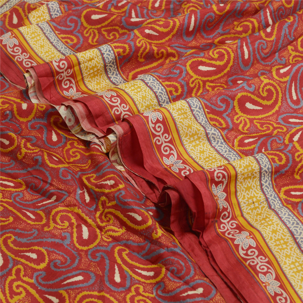 Sanskriti Vintage Sarees Red Pure Silk Quilting Felting Craft Fabric Print Sari