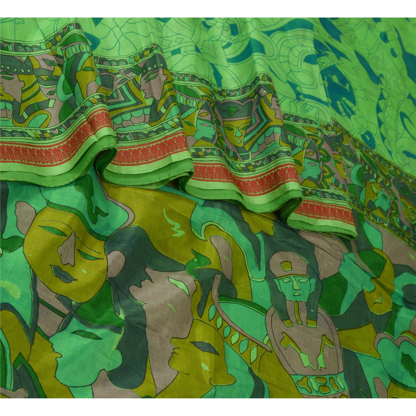 Sanskriti Vintage Sarees Green Pure Silk Human Face Printed Sari Craft Sustainable Fabric
