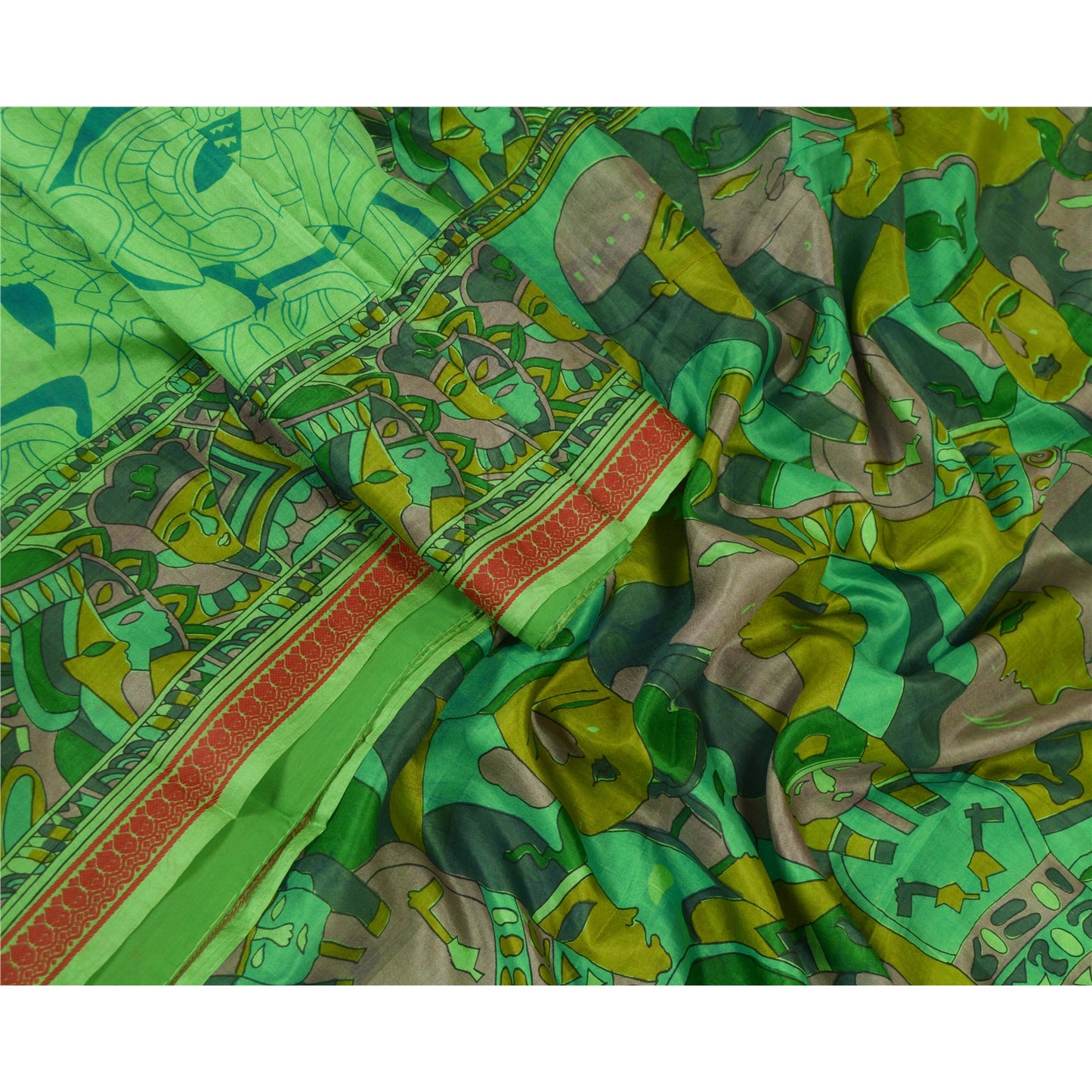 Sanskriti Vintage Sarees Green Pure Silk Human Face Printed Sari Craft Sustainable Fabric