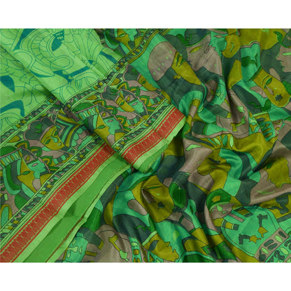 Sanskriti Vintage Sarees Green Pure Silk Human Face Printed Sari Craft Sustainable Fabric