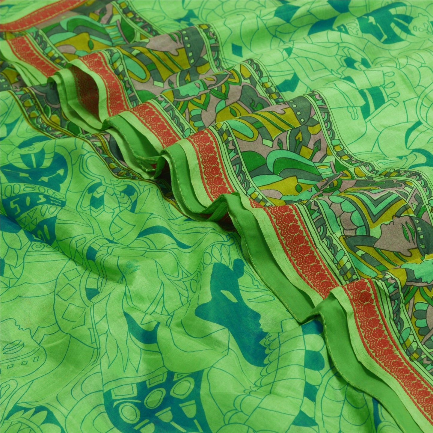 Sanskriti Vintage Sarees Green Pure Silk Human Face Printed Sari Craft Sustainable Fabric