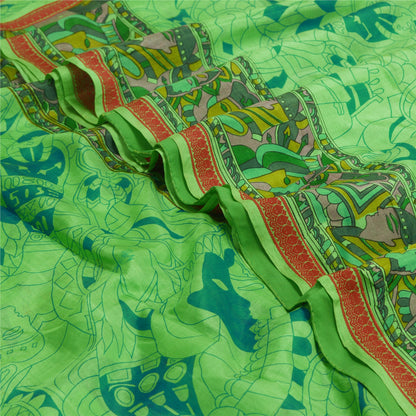 Sanskriti Vintage Sarees Green Pure Silk Human Face Printed Sari Craft Sustainable Fabric