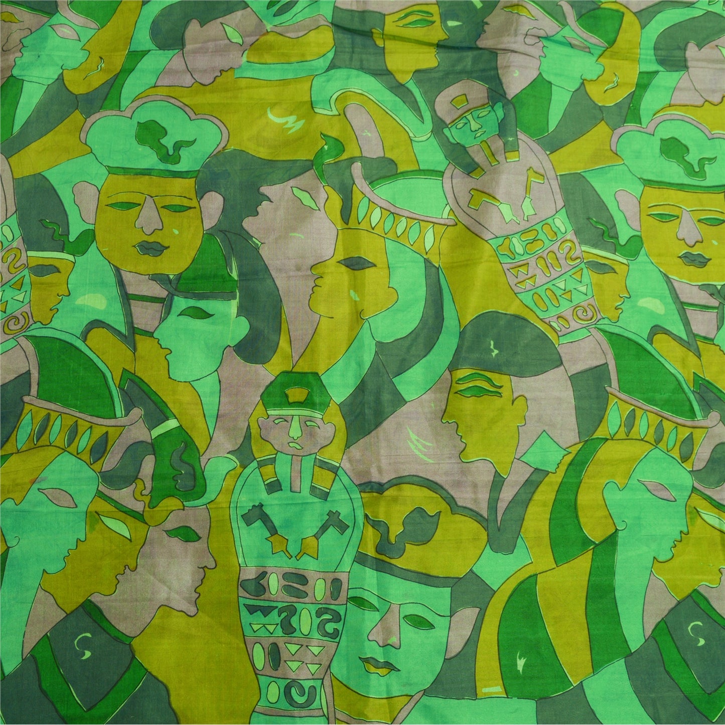 Sanskriti Vintage Sarees Green Pure Silk Human Face Printed Sari Craft Sustainable Fabric