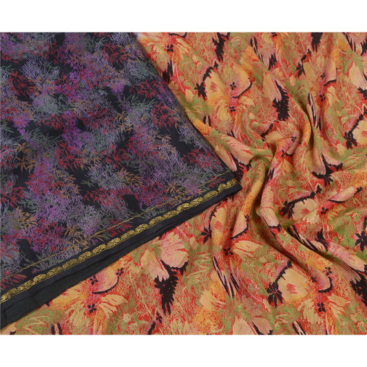 Санскритские винтажные сари индийское черное 100% чистое шелковое напечатанное сари ремесло устойчивая ткань