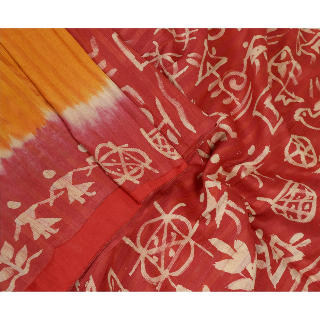 Sanskriti Vintage Sarees Red/Saffron BatikWork/Woven Pure Silk Sari Craft Fabric