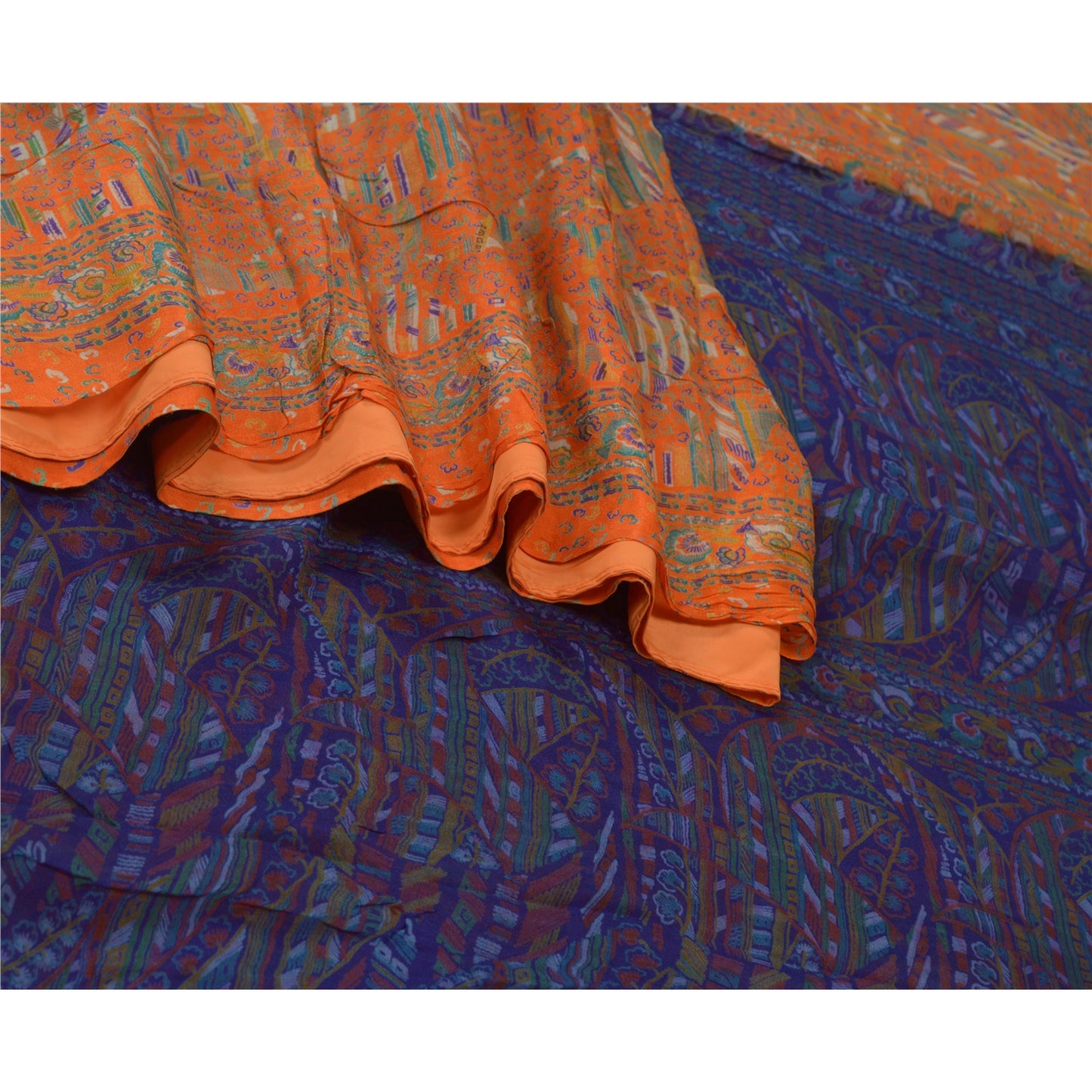 Sanskriti Vintage Sarees Indian Orange Pure Silk Printed Sari 5yd Craft Sustainable Fabric