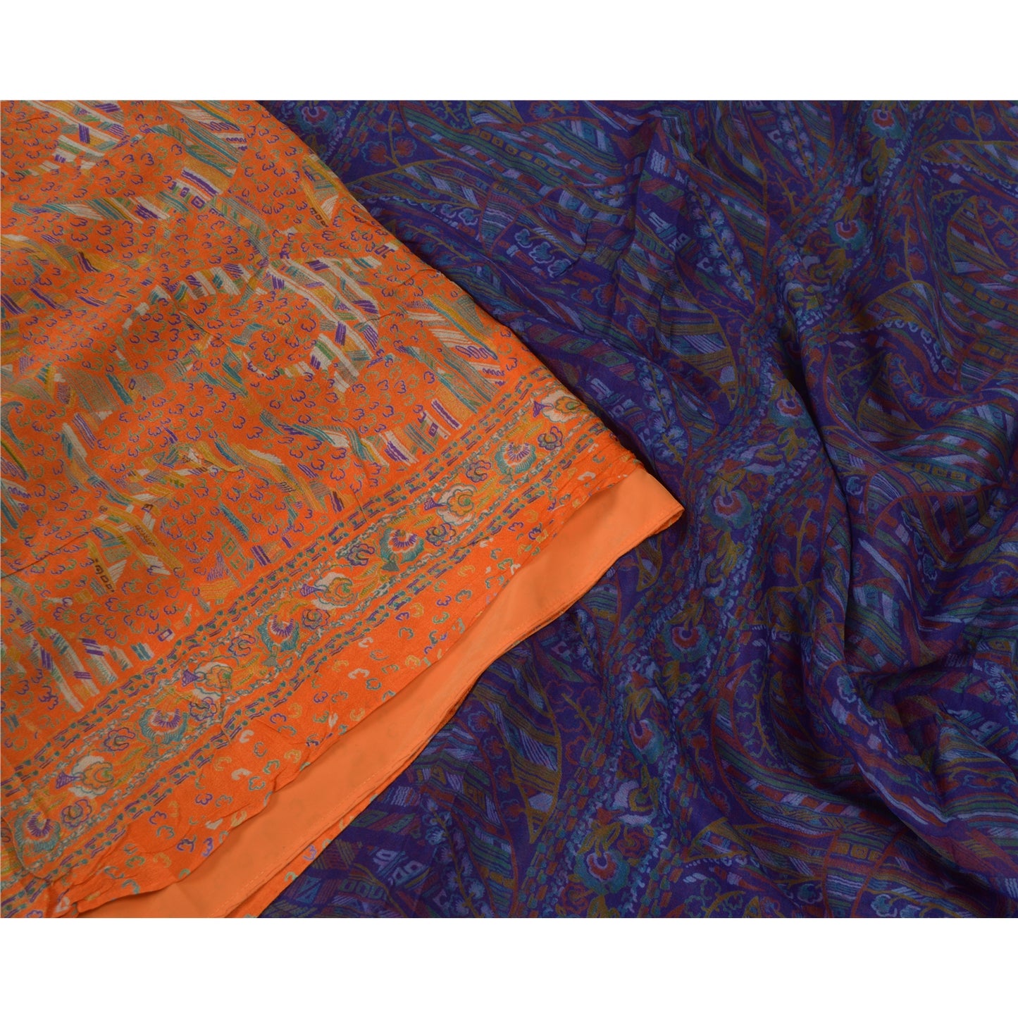 Sanskriti Vintage Sarees Indian Orange Pure Silk Printed Sari 5yd Craft Sustainable Fabric