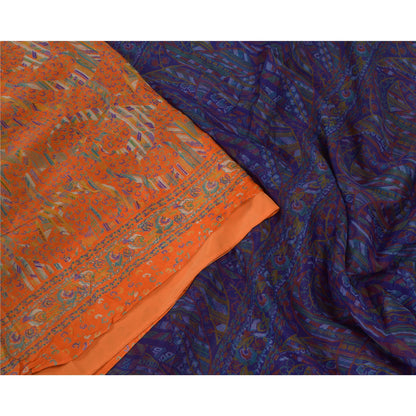 Sanskriti Vintage Sarees Indian Orange Pure Silk Printed Sari 5yd Craft Sustainable Fabric