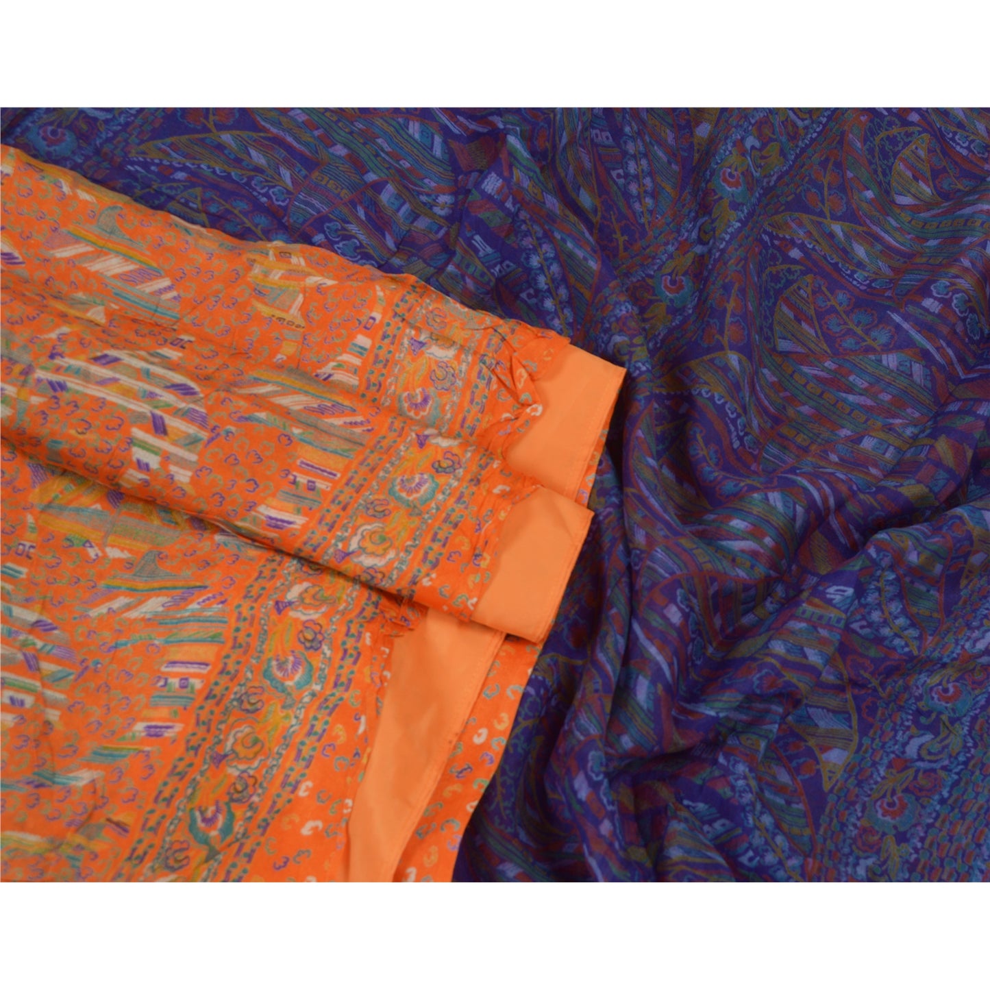 Sanskriti Vintage Sarees Indian Orange Pure Silk Printed Sari 5yd Craft Sustainable Fabric