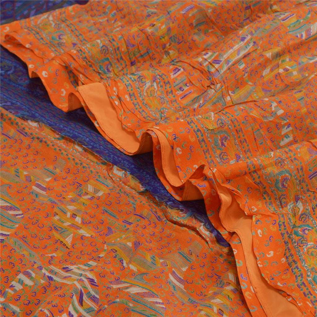 Sanskriti Vintage Sarees Indian Orange Pure Silk Printed Sari 5yd Craft Sustainable Fabric