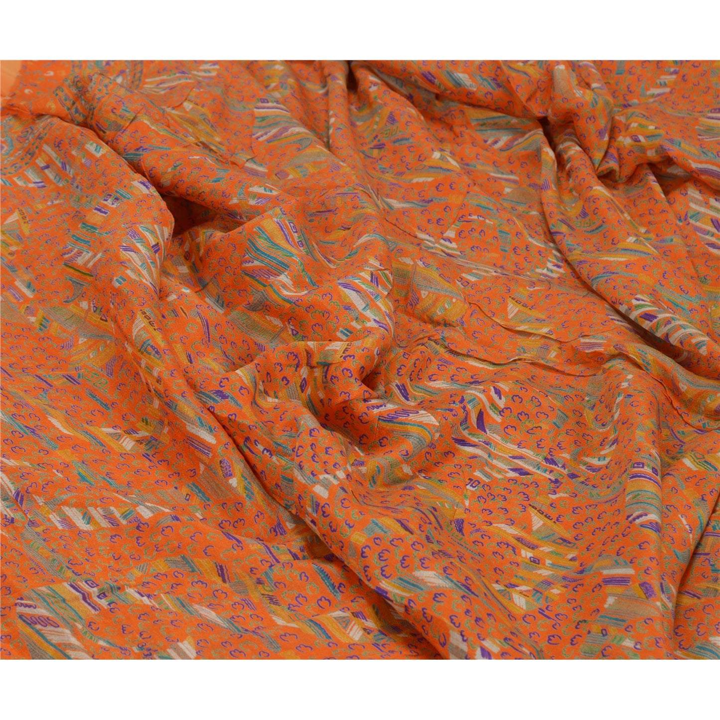 Sanskriti Vintage Sarees Indian Orange Pure Silk Printed Sari 5yd Craft Sustainable Fabric