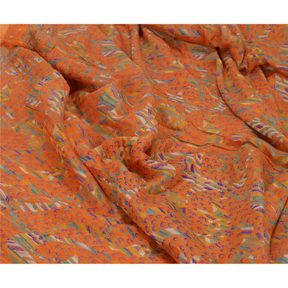 Sanskriti Vintage Sarees Indian Orange Pure Silk Printed Sari 5yd Craft Sustainable Fabric