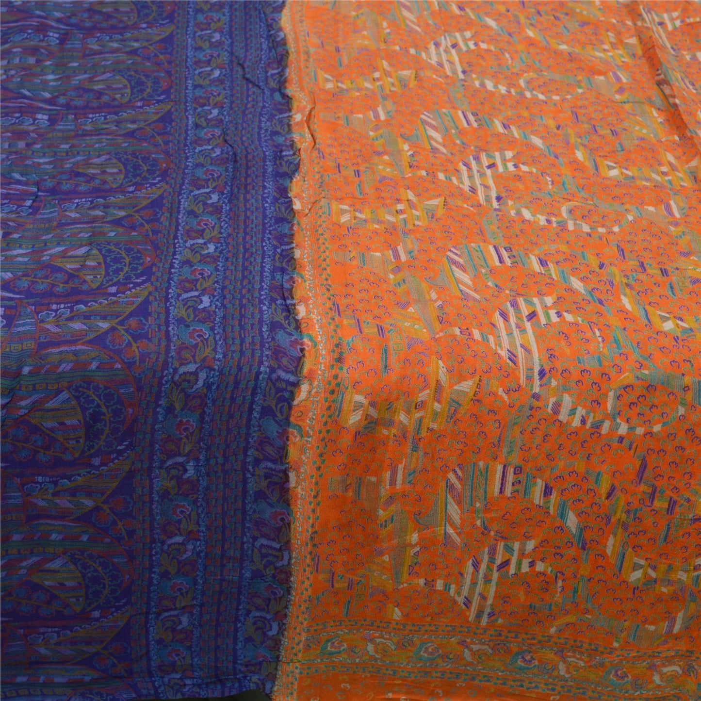 Sanskriti Vintage Sarees Indian Orange Pure Silk Printed Sari 5yd Craft Sustainable Fabric