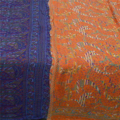 Sanskriti Vintage Sarees Indian Orange Pure Silk Printed Sari 5yd Craft Sustainable Fabric