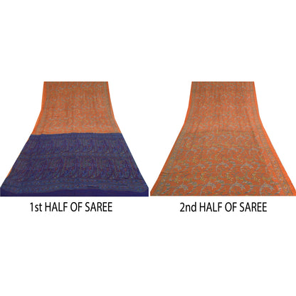 Sanskriti Vintage Sarees Indian Orange Pure Silk Printed Sari 5yd Craft Sustainable Fabric