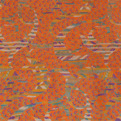 Sanskriti Vintage Sarees Indian Orange Pure Silk Printed Sari 5yd Craft Sustainable Fabric