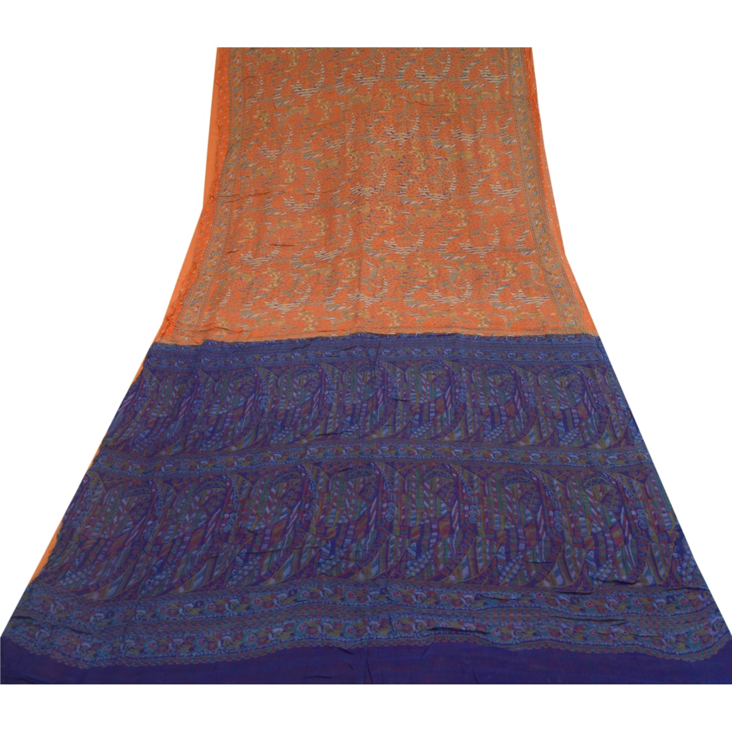 Sanskriti Vintage Sarees Indian Orange Pure Silk Printed Sari 5yd Craft Sustainable Fabric
