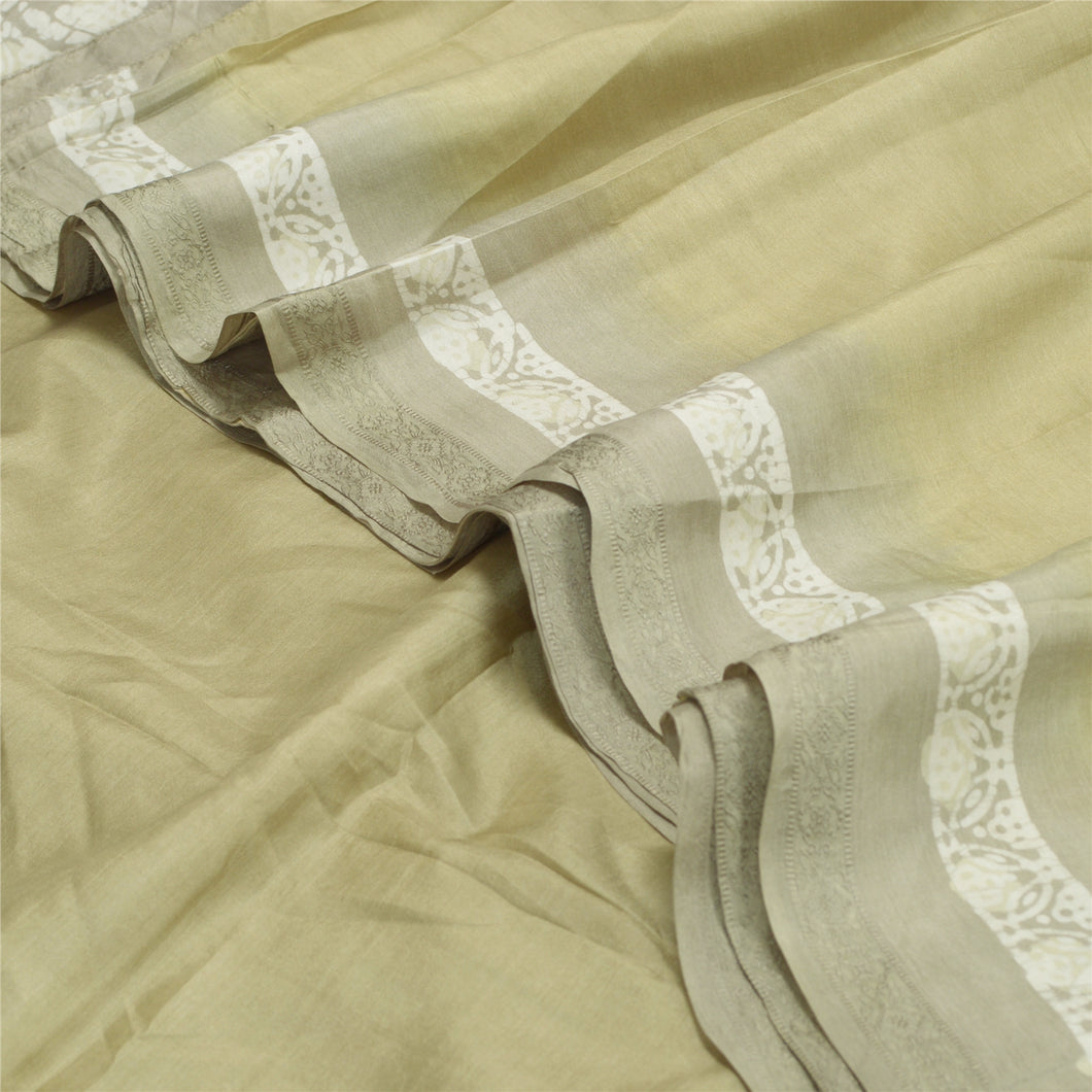 Sanskriti Vintage Sarees Indian Cream Batik Printed Pure Silk Sari Craft Fabric