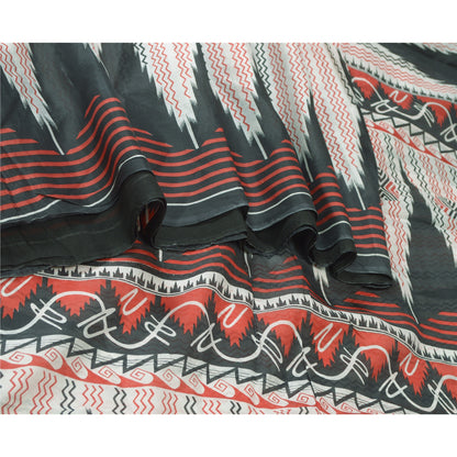 Sanskriti Vintage Sarees Ivory/Black Printed 100% Pure Silk Sari Craft Sustainable Fabric