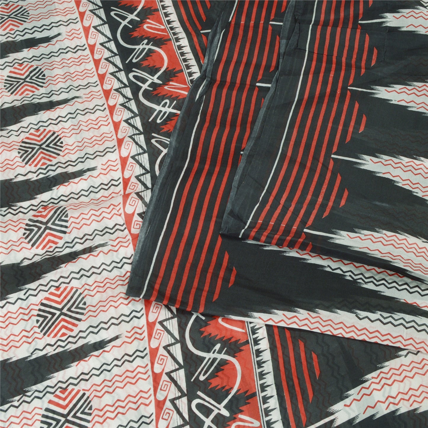 Sanskriti Vintage Sarees Ivory/Black Printed 100% Pure Silk Sari Craft Sustainable Fabric