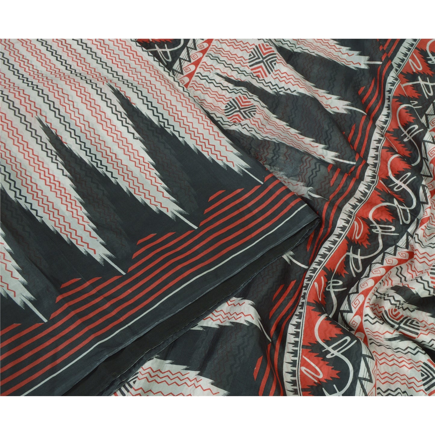 Sanskriti Vintage Sarees Ivory/Black Printed 100% Pure Silk Sari Craft Sustainable Fabric