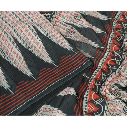 Sanskriti Vintage Sarees Ivory/Black Printed 100% Pure Silk Sari Craft Sustainable Fabric