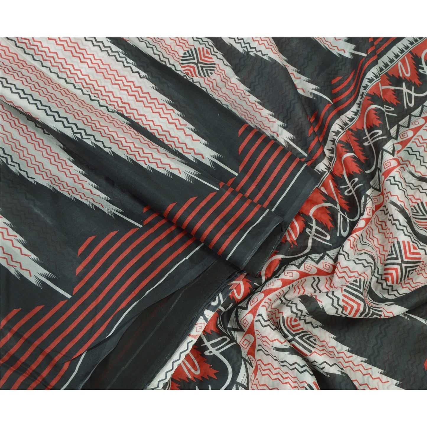 Sanskriti Vintage Sarees Ivory/Black Printed 100% Pure Silk Sari Craft Sustainable Fabric