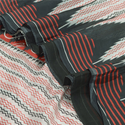 Sanskriti Vintage Sarees Ivory/Black Printed 100% Pure Silk Sari Craft Sustainable Fabric