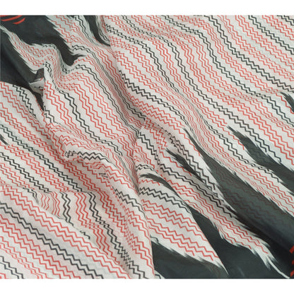 Sanskriti Vintage Sarees Ivory/Black Printed 100% Pure Silk Sari Craft Sustainable Fabric