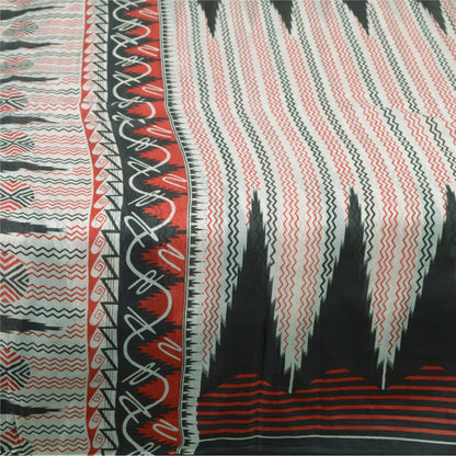 Sanskriti Vintage Sarees Ivory/Black Printed 100% Pure Silk Sari Craft Sustainable Fabric
