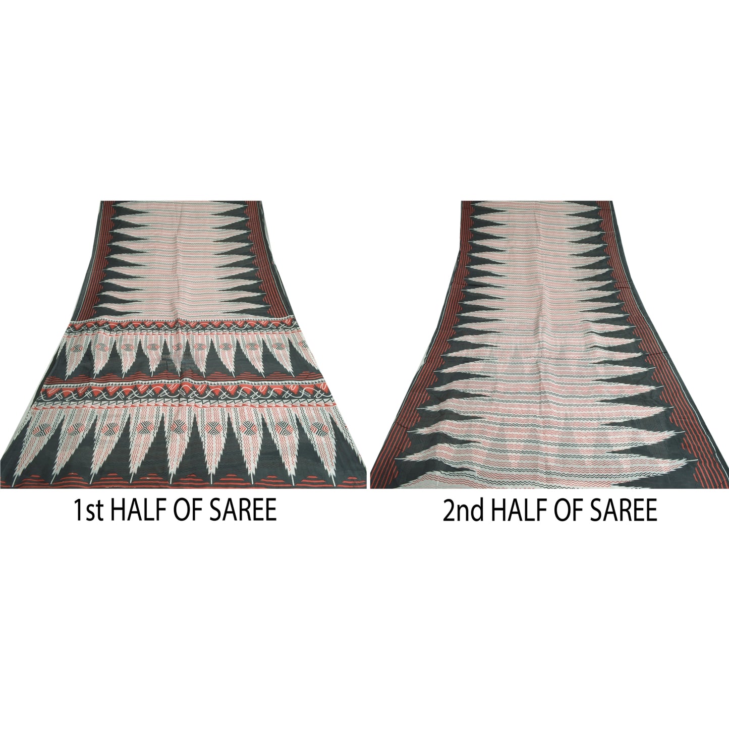 Sanskriti Vintage Sarees Ivory/Black Printed 100% Pure Silk Sari Craft Sustainable Fabric