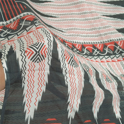 Sanskriti Vintage Sarees Ivory/Black Printed 100% Pure Silk Sari Craft Sustainable Fabric