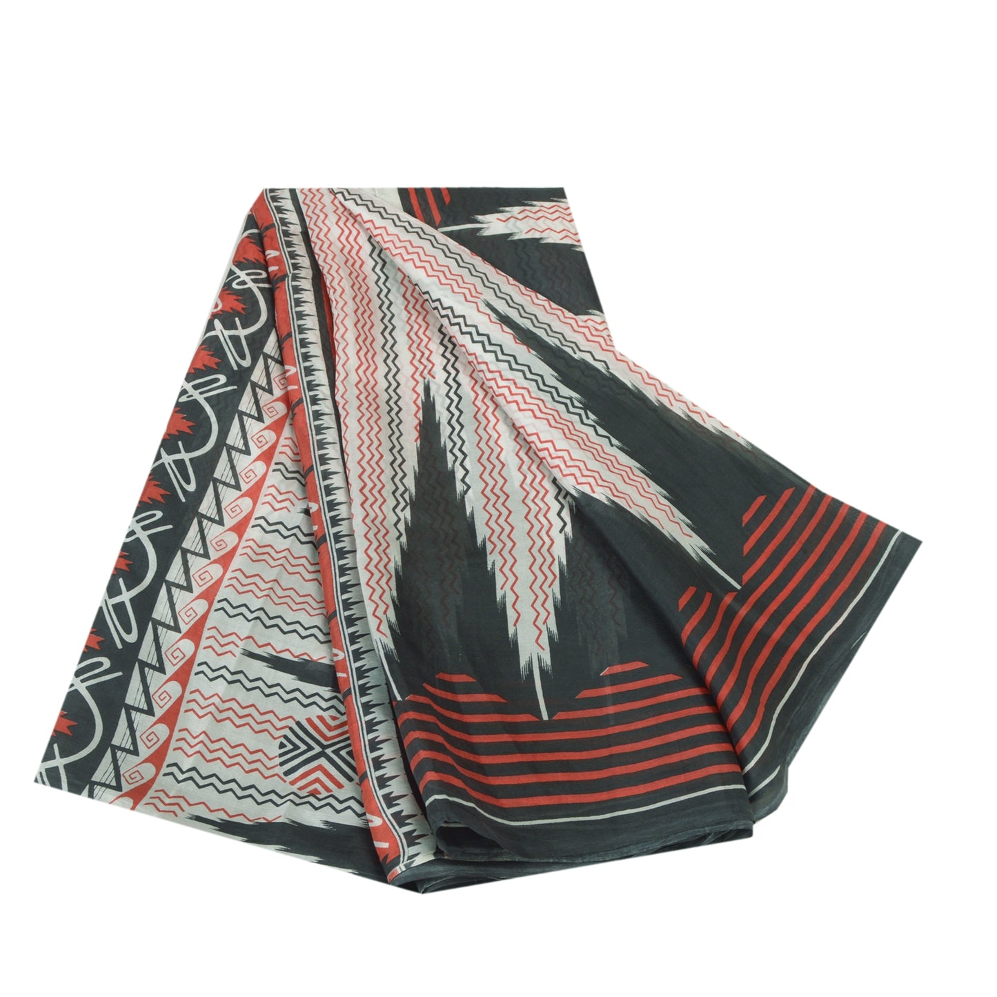 Sanskriti Vintage Sarees Ivory/Black Printed 100% Pure Silk Sari Craft Sustainable Fabric