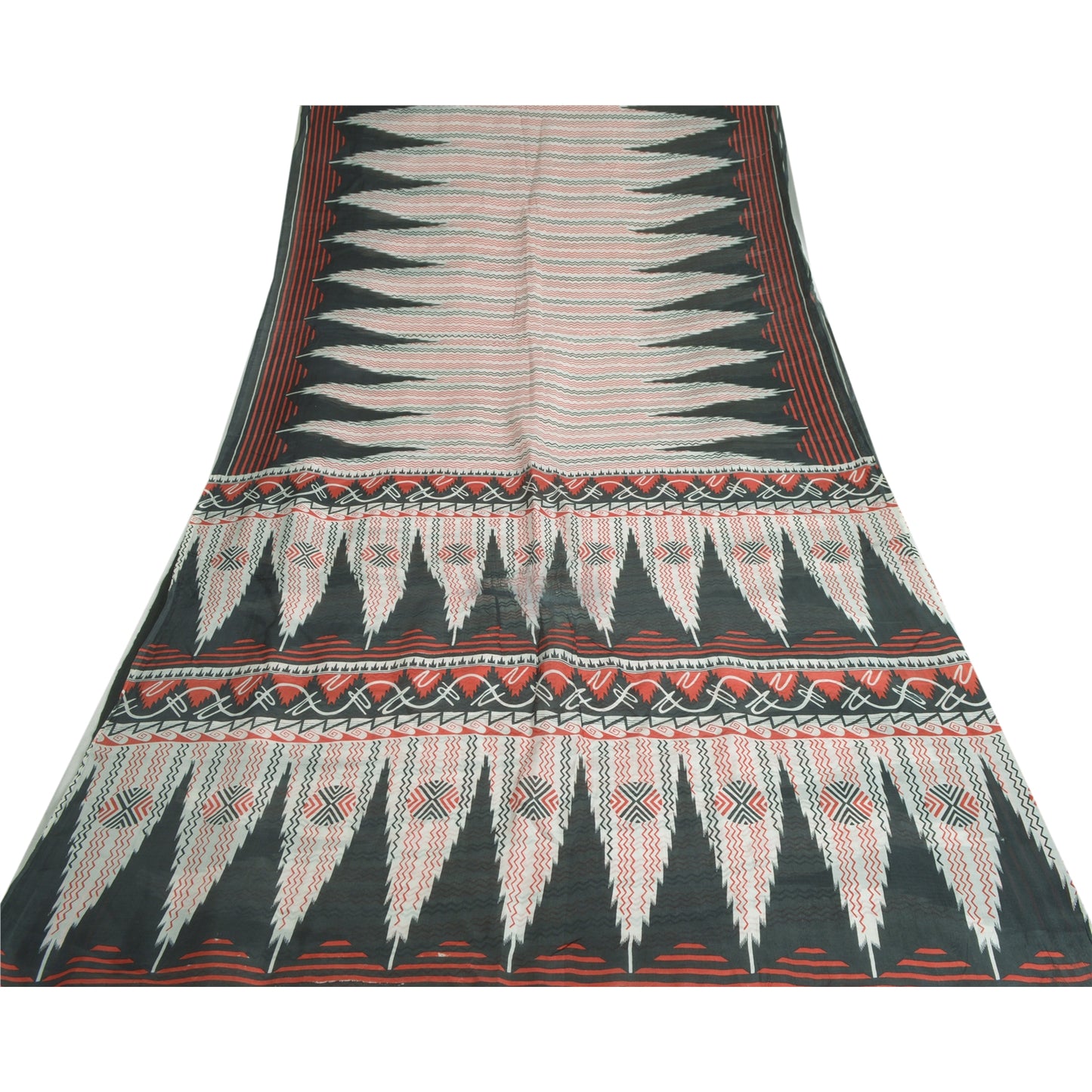 Sanskriti Vintage Sarees Ivory/Black Printed 100% Pure Silk Sari Craft Sustainable Fabric