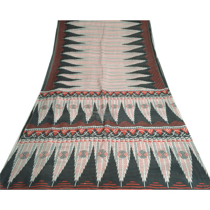 Sanskriti Vintage Sarees Ivory/Black Printed 100% Pure Silk Sari Craft Sustainable Fabric