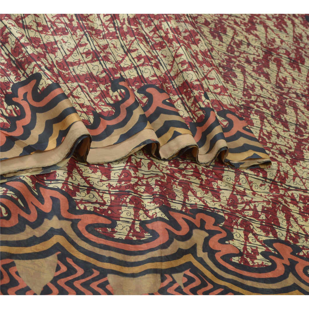 Sanskriti Vintage Sarees Red Print Quilting Felting Craft Fabric Pure Silk Sari